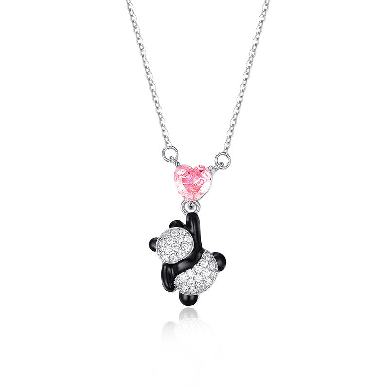 Wholesale  S925 Sterling Silver Panda Heart Pendant Necklace