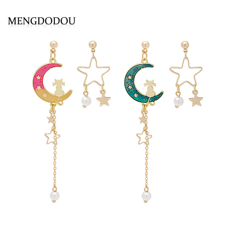 Wholesale Dripping Oil Gradient Asymmetric Cat Moon Star Long Tassel Earrings Fashion Jewelry Accessory Gift
