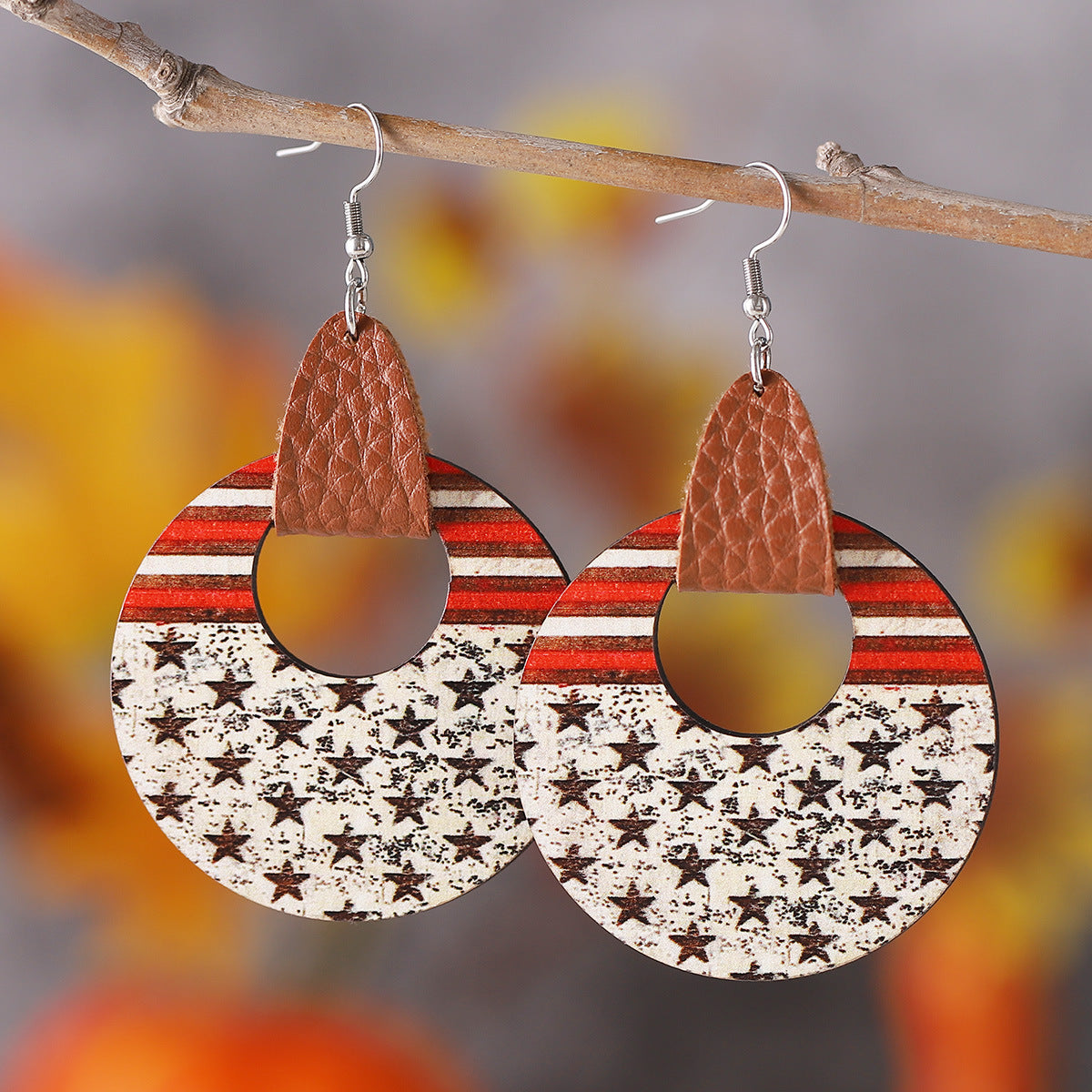 Wholesale of American Independence Day Red, White, Blue Striped Star Ice Cream Patchwork Wooden Double-sided Earrings ACC-ES-ChuLian009