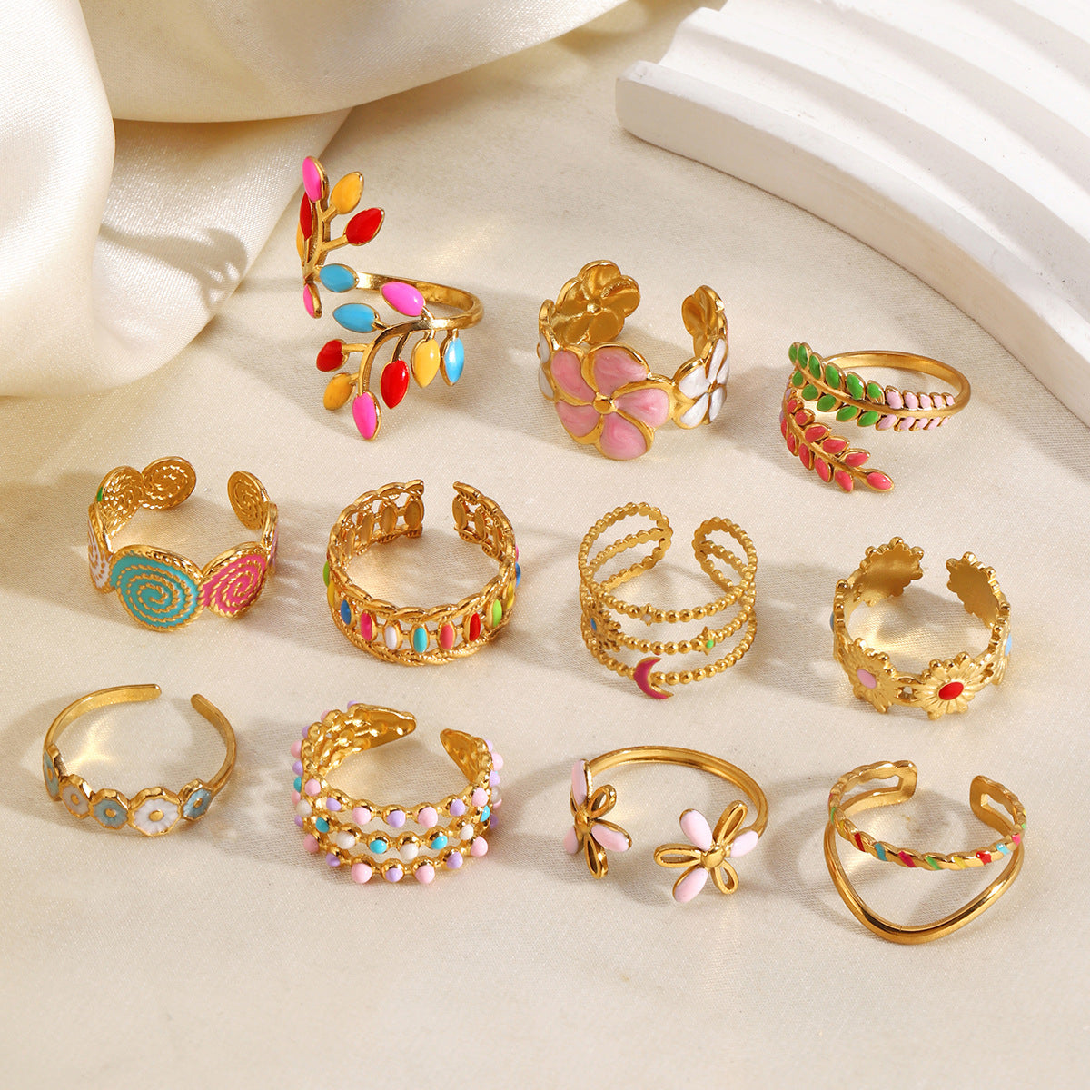 Wholesale Gold Plated Stainless Steel Colorful Enamel Floral Geometric Ring Trendy Fashion Accessory for Women