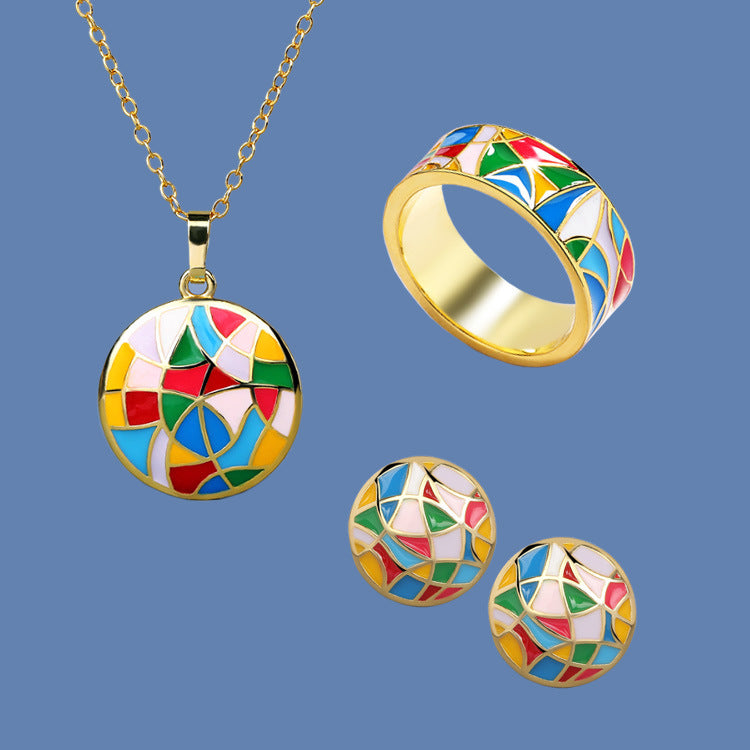 Wholesale Retro Geometric Irregular Color Matching Enamel Three-piece Set of Rings Necklaces Earrings ACC-NE-SMLK005