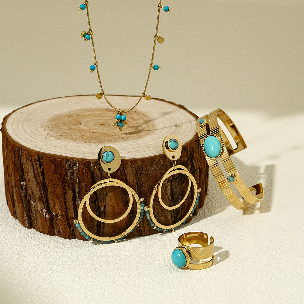 Wholesale Pine blue stone stacked jewelry suit women's titanium steel natural stone necklace earrings ring