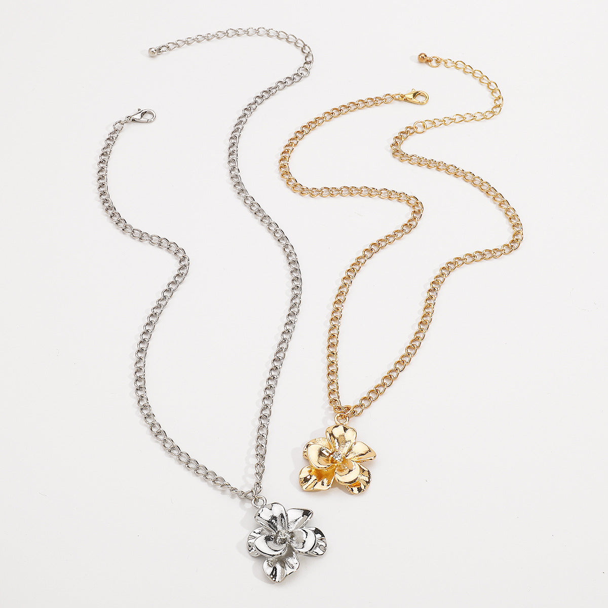 Wholesale Niche Design Sense Metal Flower Earrings  Double Layer Flower Diamond Necklace Ring