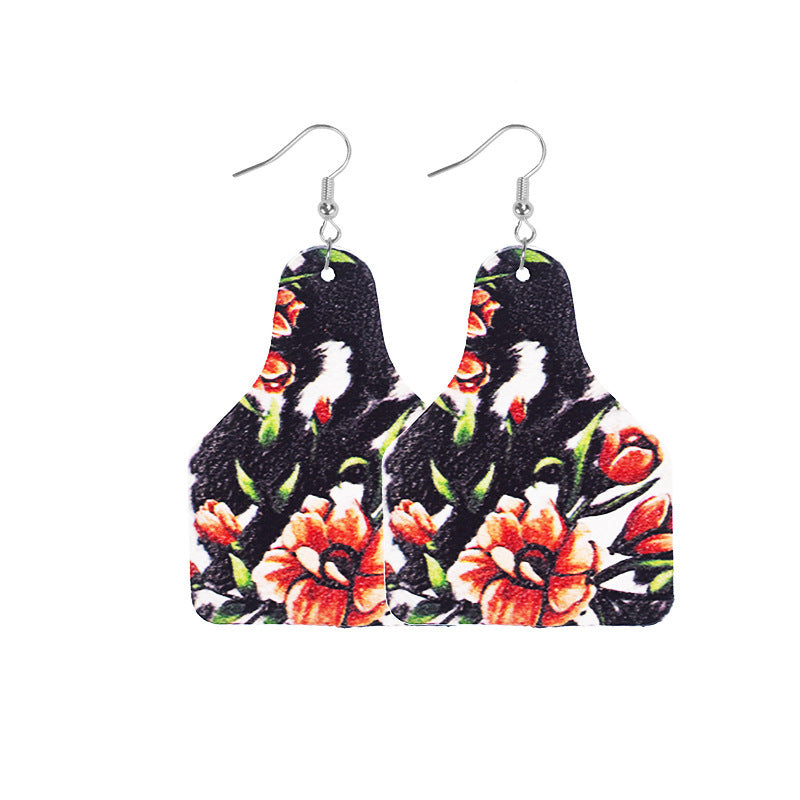 Wholesale Retro Western Cowboy Old Style Flower Bull Head Ethnic Style Print Leather Earrings