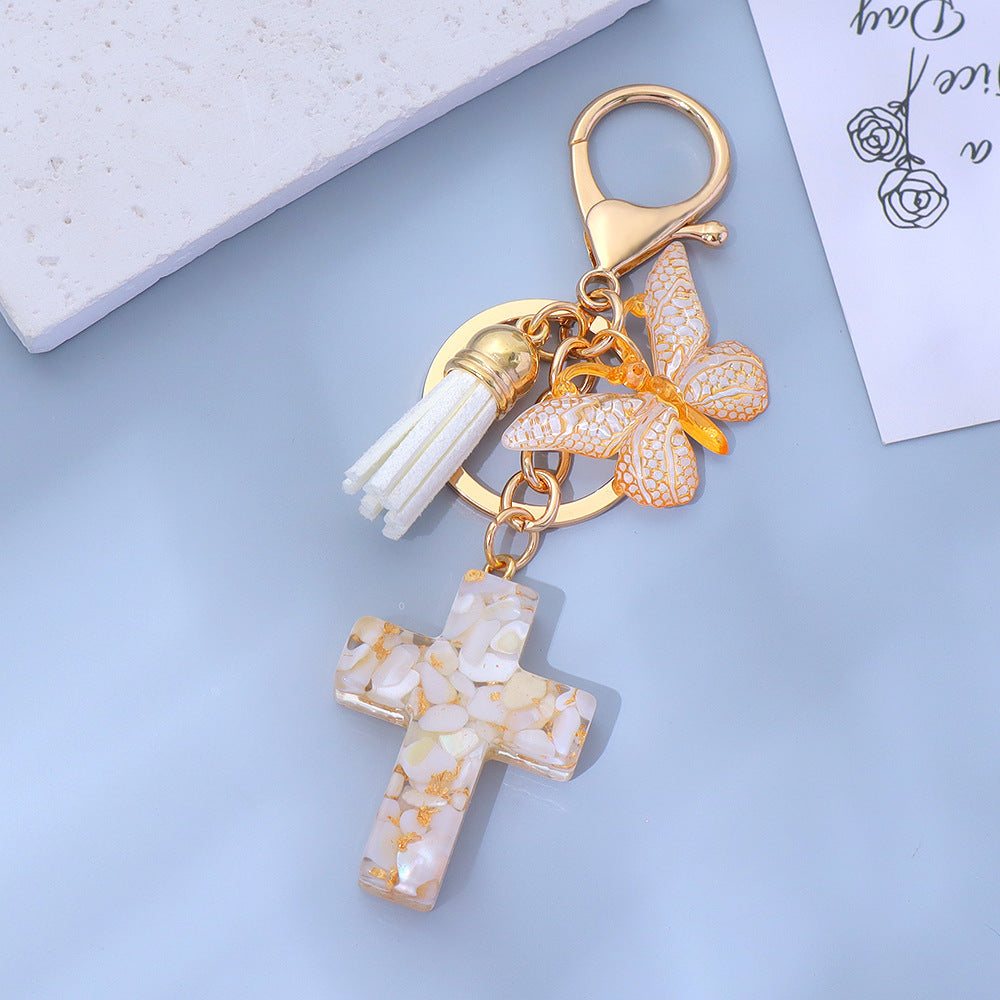 Wholesale Little Fresh Resin Butterfly Cross Keychain Tassel Bag Pendant Boutique Resale