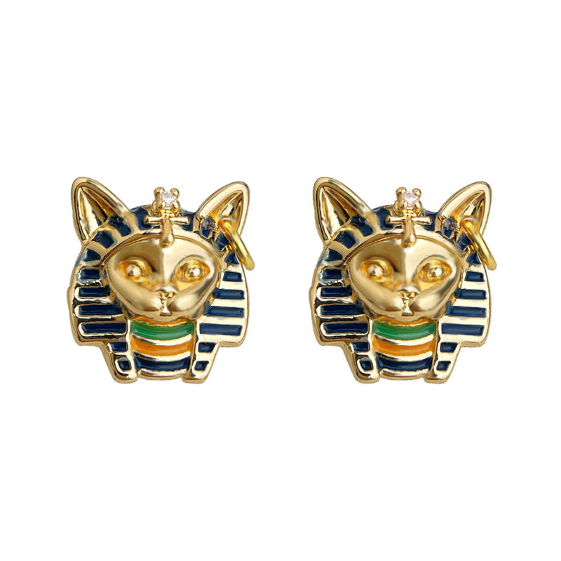 Wholesale Egyptian Cat Pharaoh Painted Enamel Earrings,  Silver Plated Geometric Irregular Earrings,  Fashion Jewelry Accessory for Party or Gift