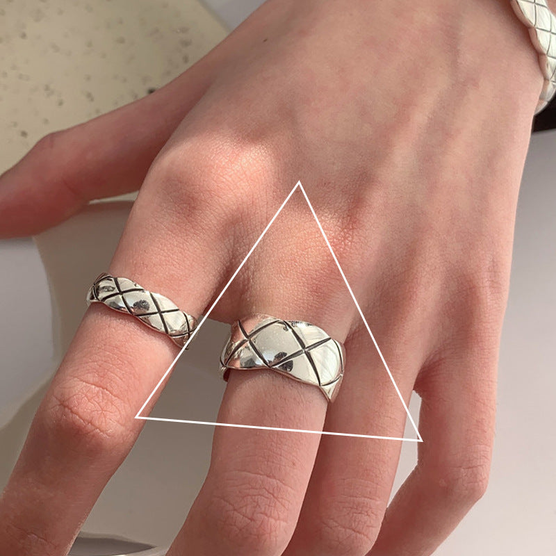 Wholesale S925 sterling silver thick and thin diamond Plaid open ring