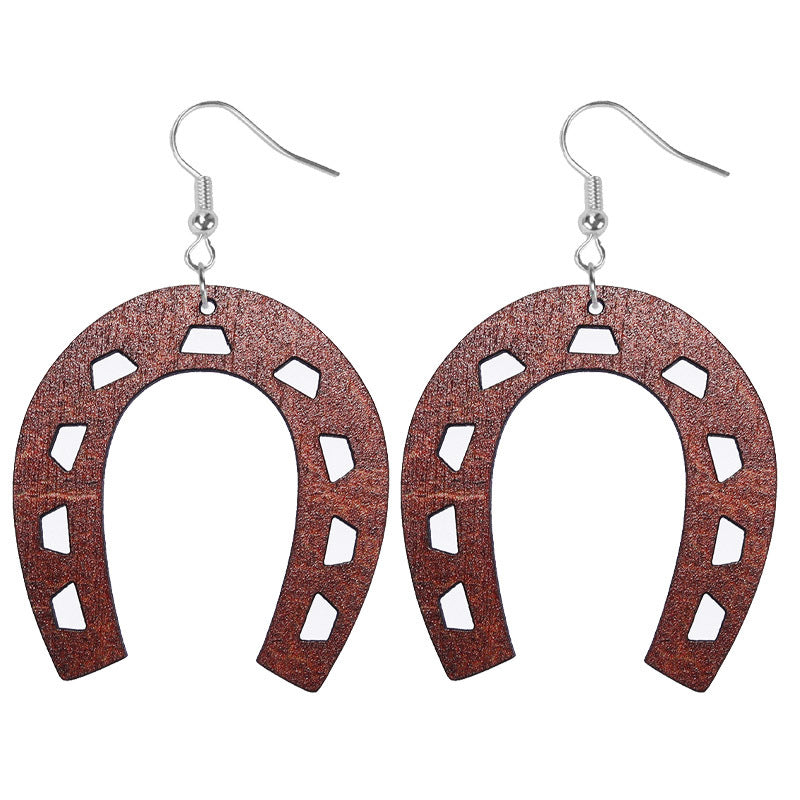 Wholesale Western cowboy old style horseshoe-shaped wooden earrings