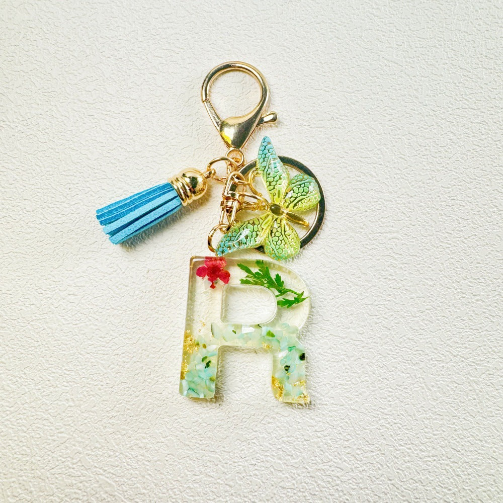 Wholesale Epoxy Green English Letter Dried Flower Crystal Keychain