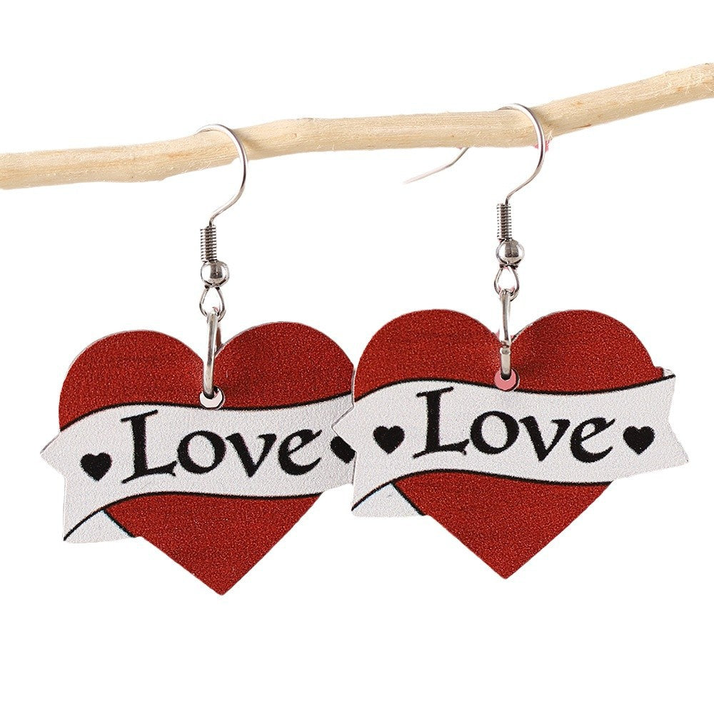 Wholesale  Valentine's Day Diamond Shape Love Pendant  Wooden Double-sided Earrings