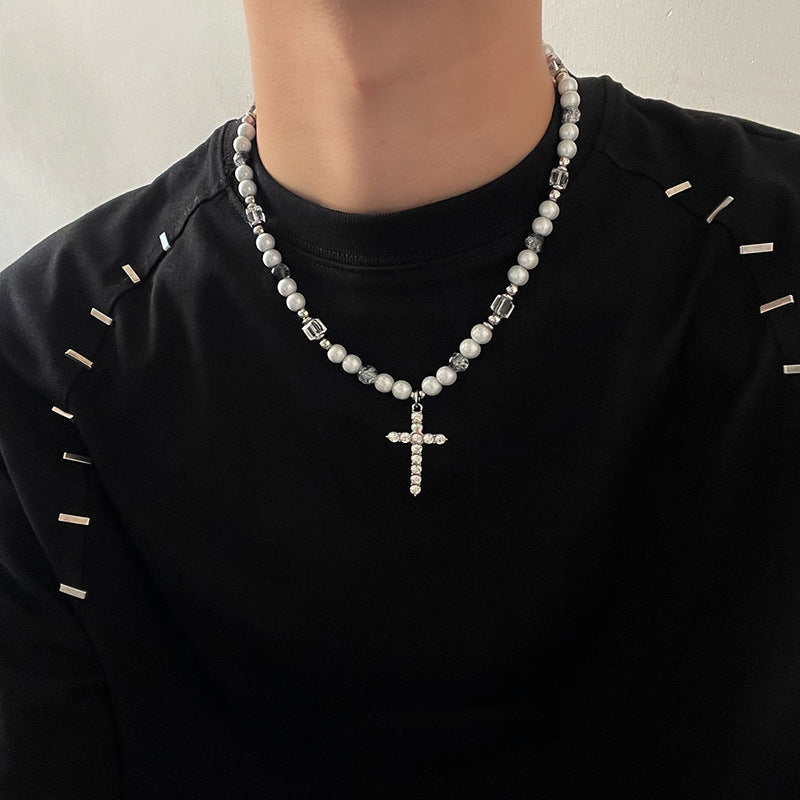 Wholesale reflective pearl splicing cross clavicle chain titanium steel necklace