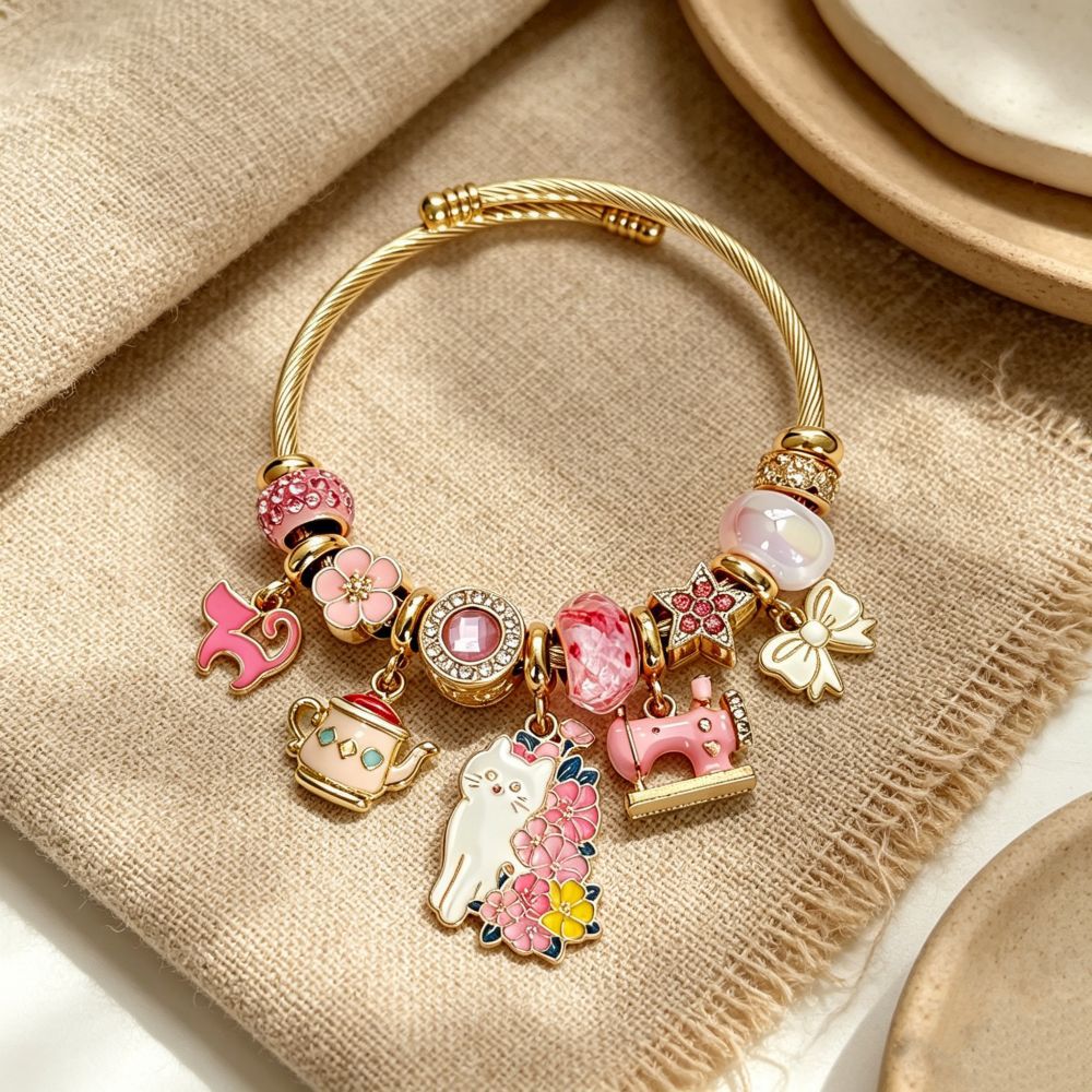 Wholesale Cute Cat Teapot Sewing Machine Charm Bracelet Stainless Steel Open Bangle Trendy Women Jewelry Accessory