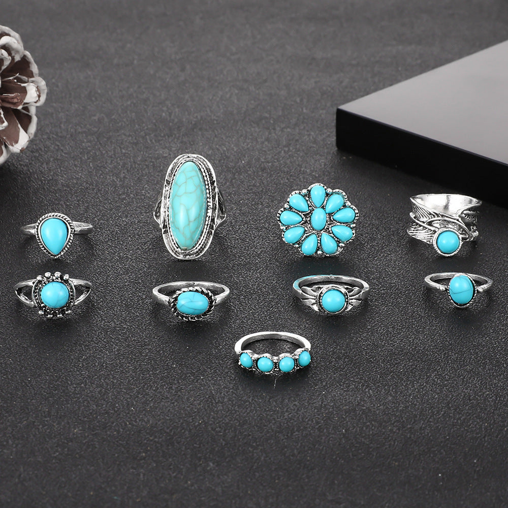 Wholesale Vintage Bohemian Feather Turquoise Hollow  Ring Set