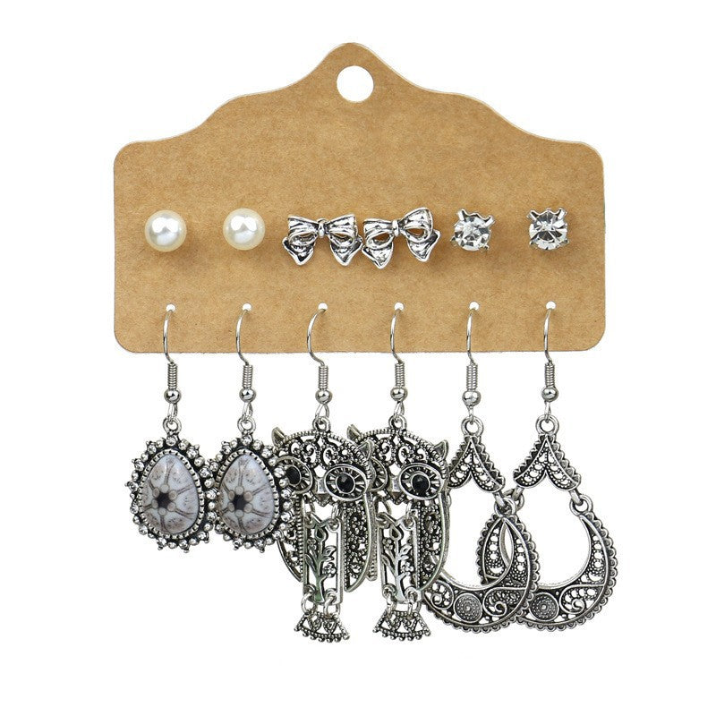 Wholesale Retro Owl Earrings Set 6 Pieces Alloy Electroplated Boutique Resale
