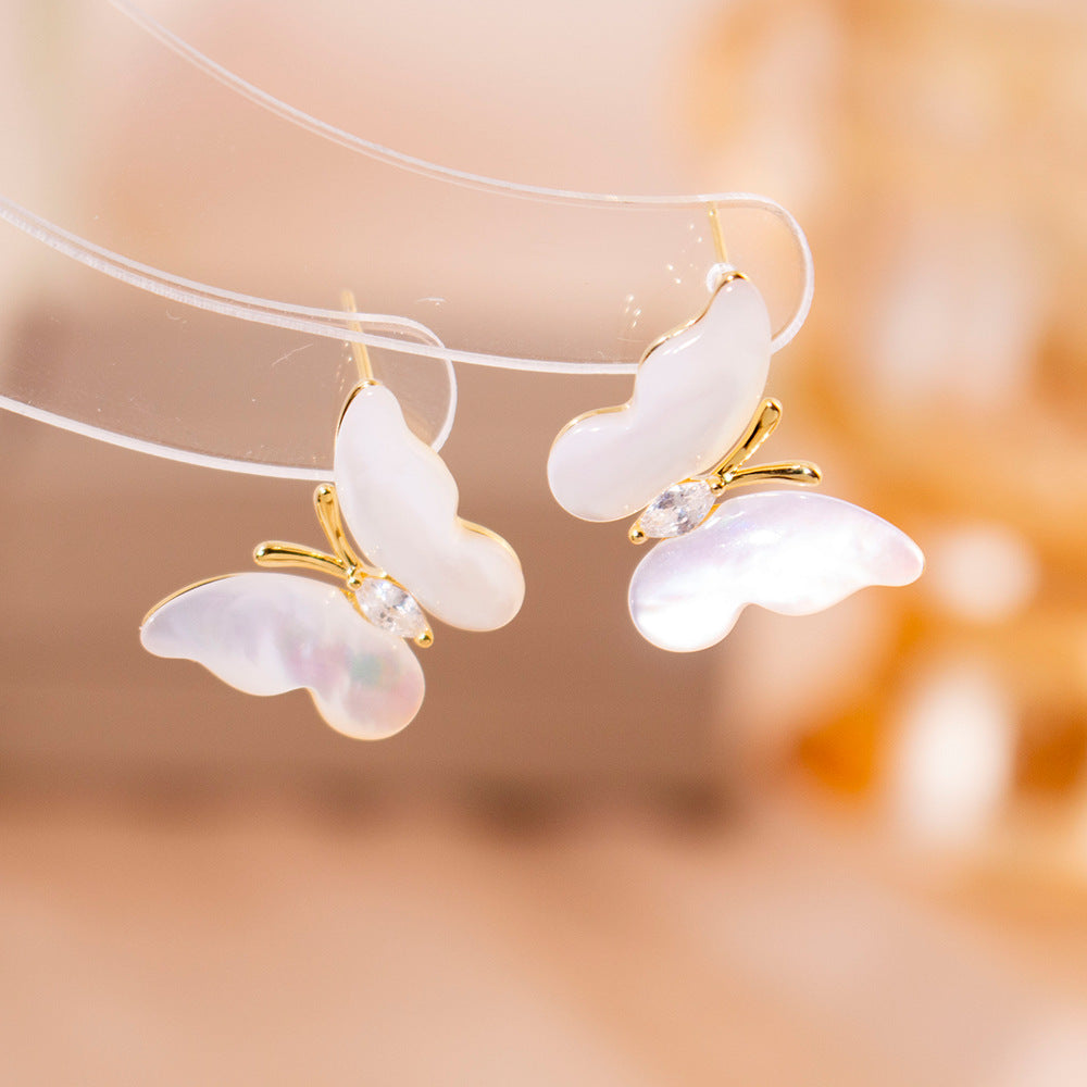 Wholesale Silver Needle High-grade Zircon Butterfly Pearl Earrings