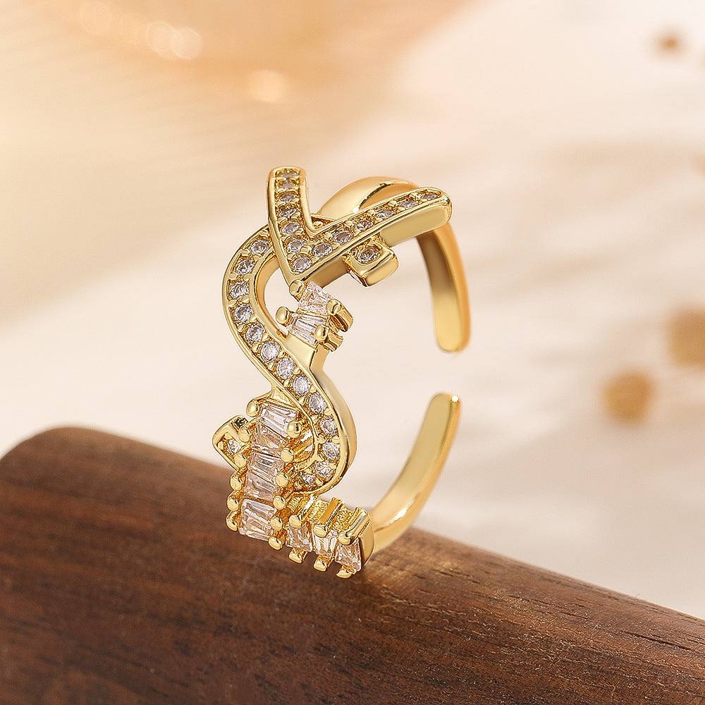 Wholesale Chic Women S Letter Open Ring Gold Tone Zircon Fashion Jewelry Accessory