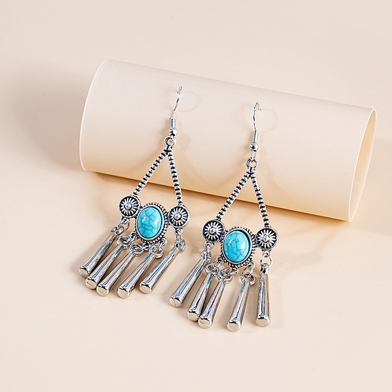 Wholesale Bohemian Owl Dream Catcher Feather Tassel Earrings Turquoise Geometric Carved Fashion Accessory Gift