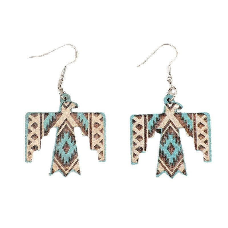 Wholesale Retro Western Style Eagle Printed Diamond Pattern Wooden Women' s Earrings