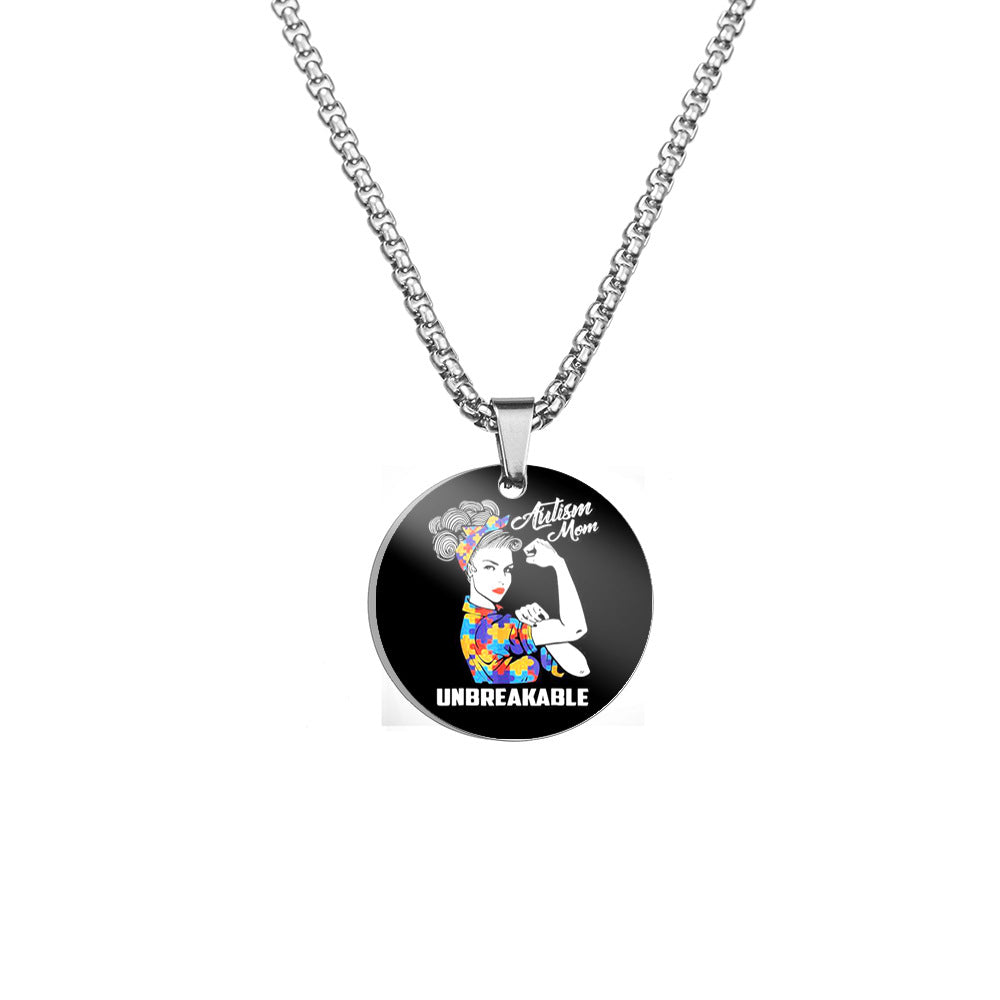 Wholesale Autism MOM Puzzle Color Printed Pendant Stainless Steel Necklace Mother's Day ACC-NE-HuanYu004