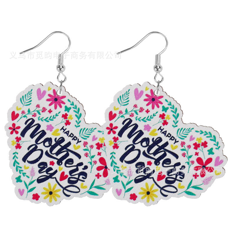 Wholesale Mother's Day Love Leopard Print MAMA Rose Flower Wooden Earrings ACC-ES-Mijun008