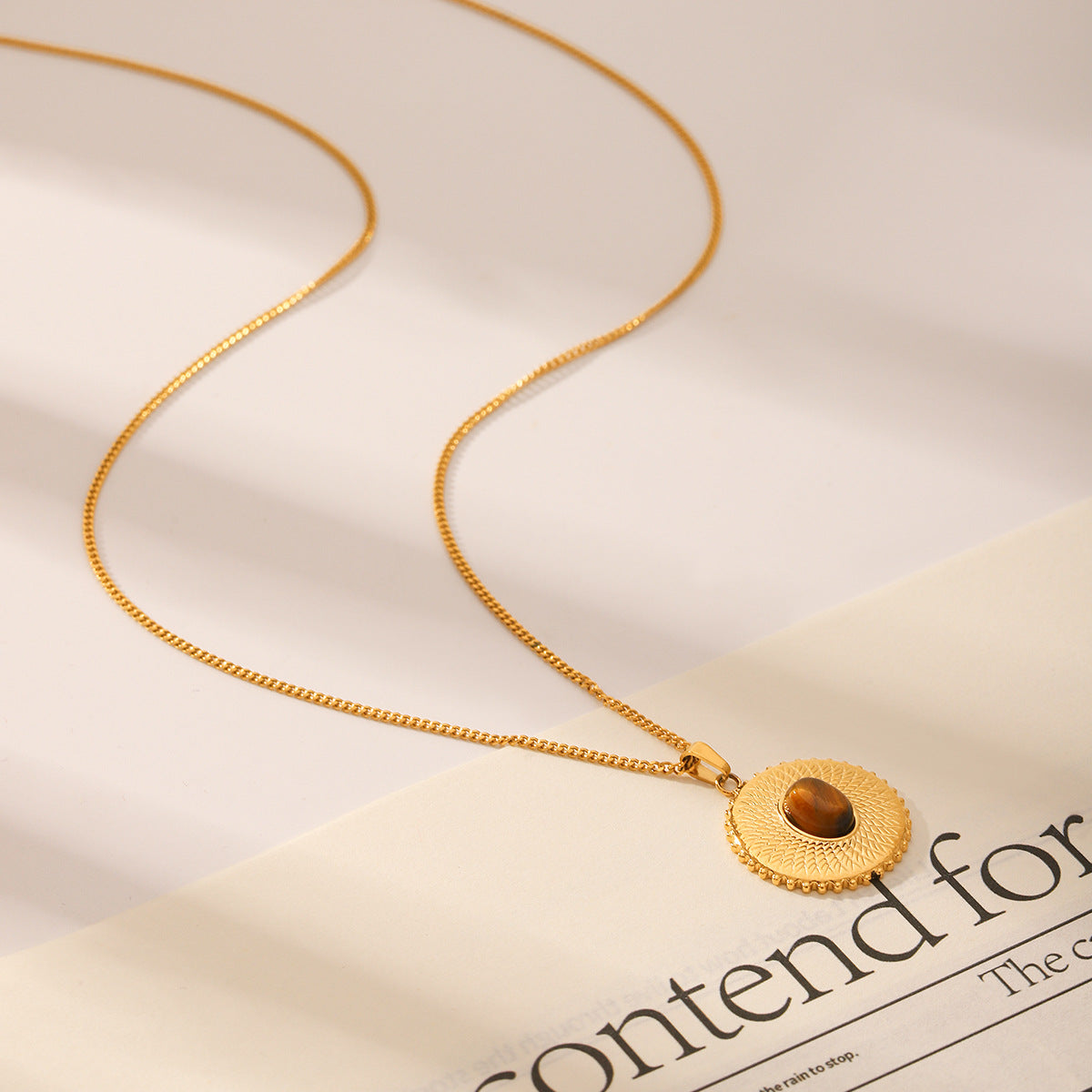 Wholesale  inlaid tiger's eye stone sunflower titanium steel pendant gold non-fading necklace