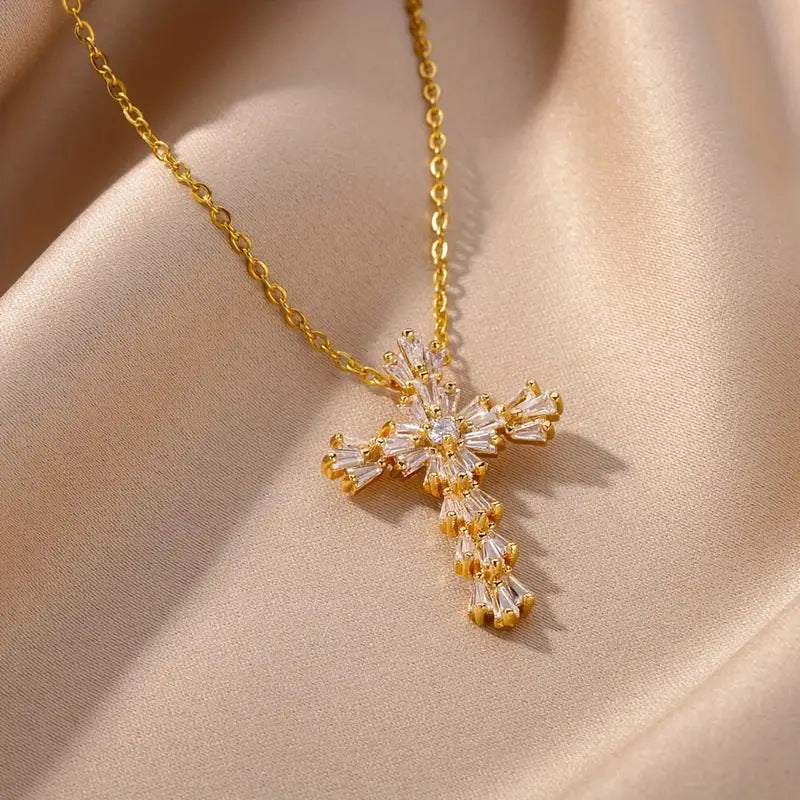 Wholesale Copper Zircon Cross Pendant Necklace for Women,  Gold and White,  Fashion Jewelry Gift
