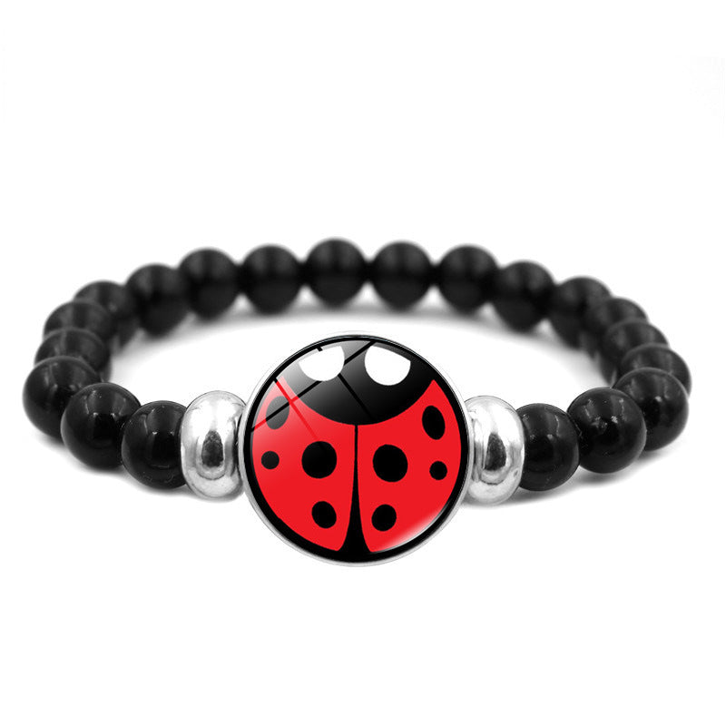 Wholesale Cartoon Ladybug Bear Paw Print Black Elastic Bead Bracelet Handmade Glass Jewelry Gift