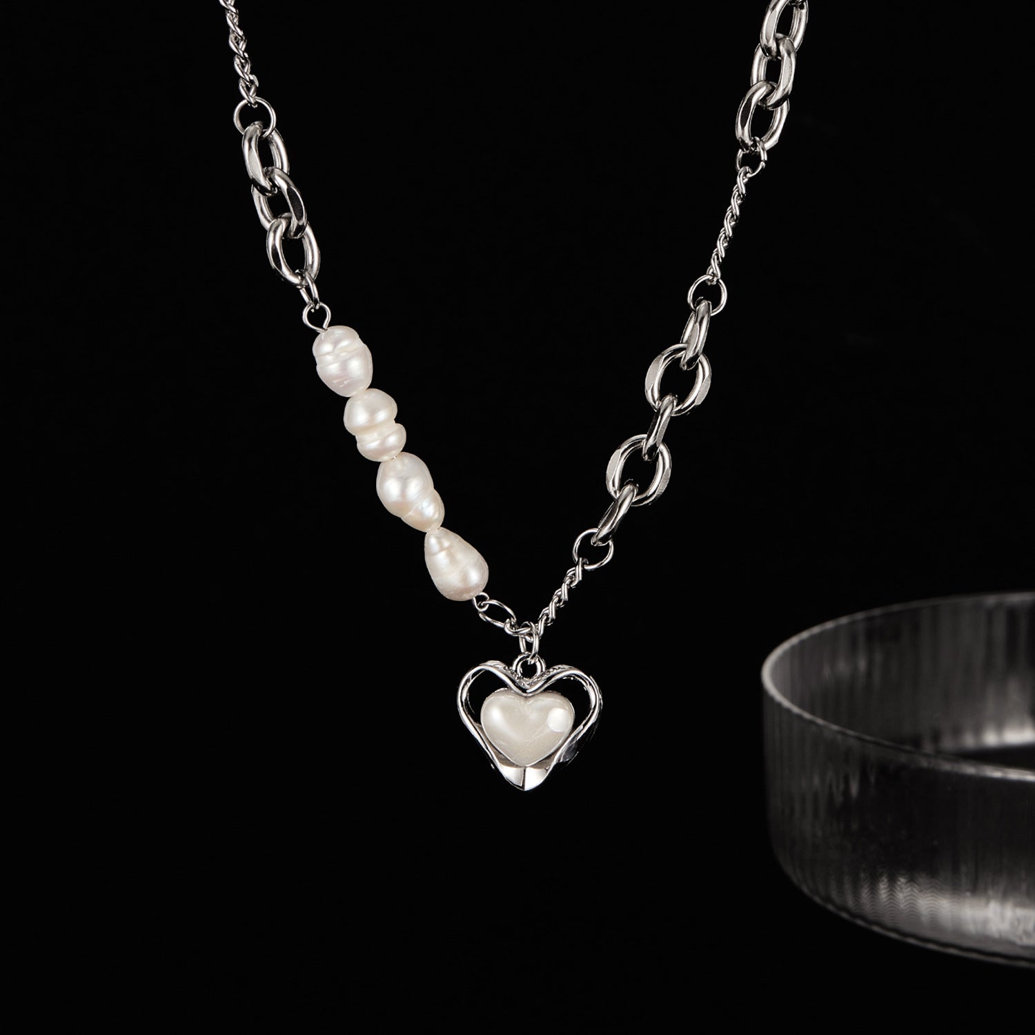 Wholesale titanium steel natural freshwater pearl love necklaces