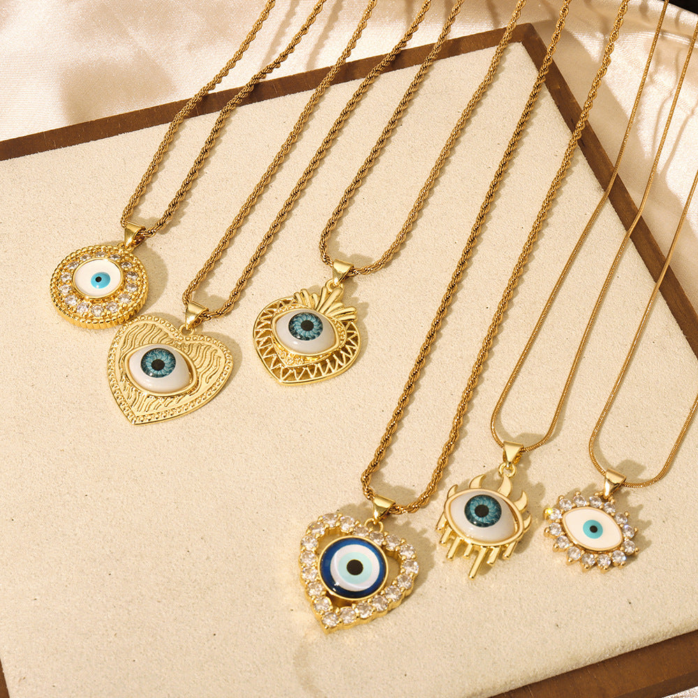 Wholesale Vintage Evil Eye Titanium Steel Gold Plated Diamond Hollow Pendant Necklace ACC-NE-MiLi006