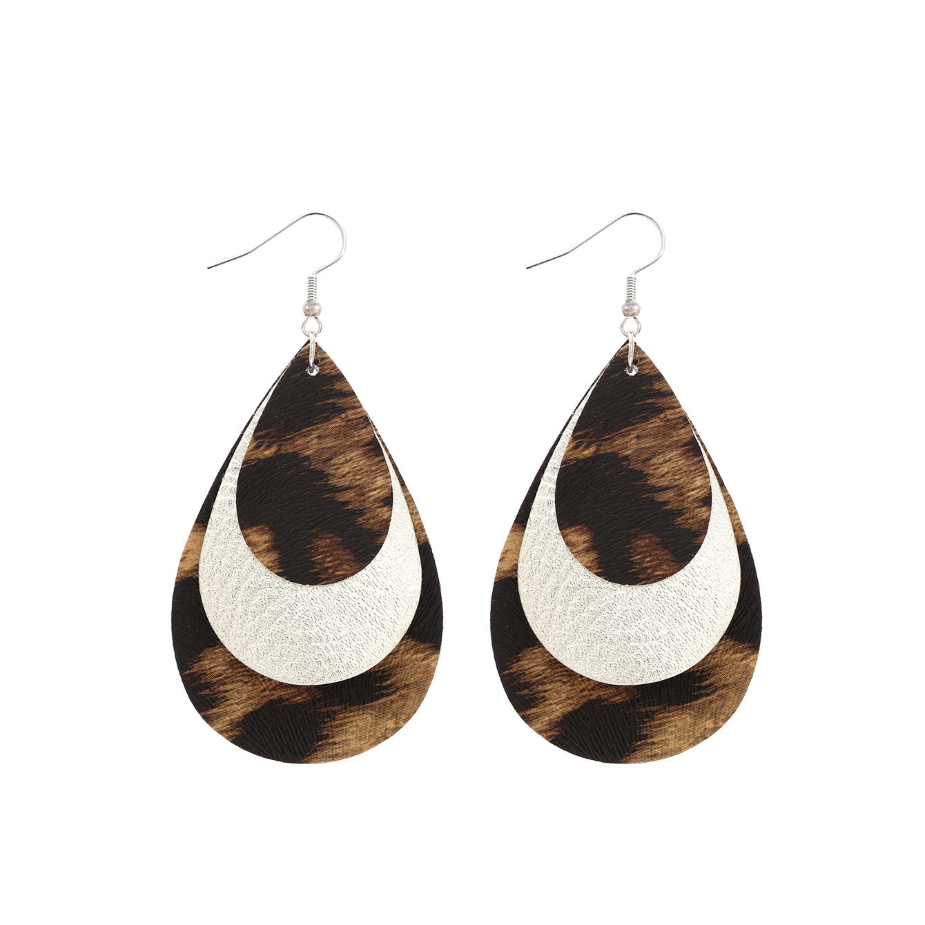 Wholesale  retro three-layer water drop leopard leather earrings