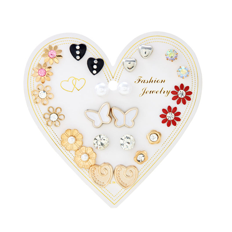 Wholesale month combination earrings 12 pairs of flowers love stars and moon diamond  earrings suit