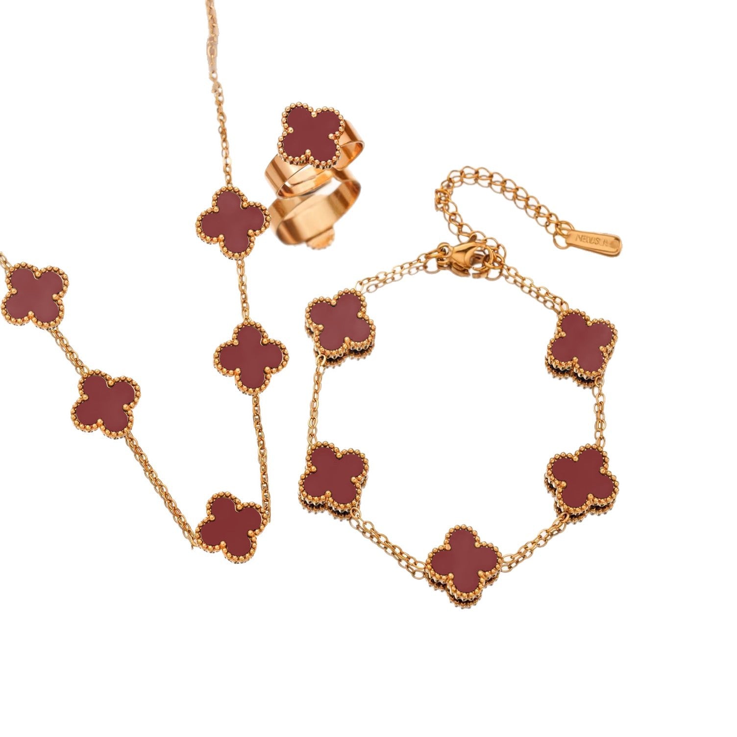 Wholesale Women S Black Four Leaf Clover Jewelry Set Titanium Steel Necklace Earrings Bracelet Brooch Trendy Everyday Fashion Accessory