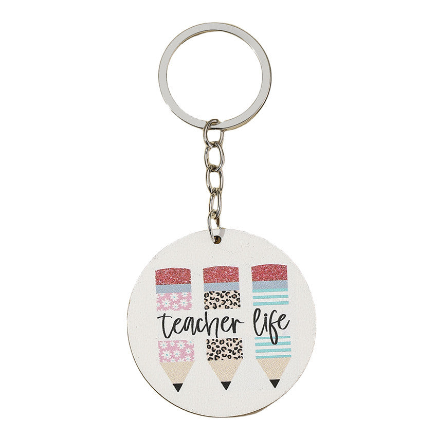 Wholesale Leopard Print Rainbow Teacher's Day Wooden Keychain ACC-KC-RongR025