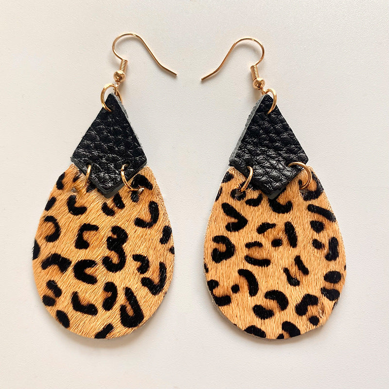 Wholesale 3 pairs/  pack leather and leopard print patchwork horsehair earrings vintage style