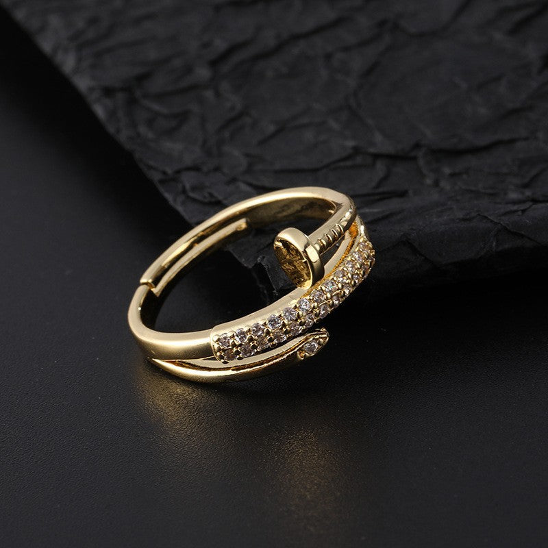 Wholesale European Fashion Sparkling Gold Plated Copper Zircon Open Ring Geometric Chic Jewelry Accessory Gift