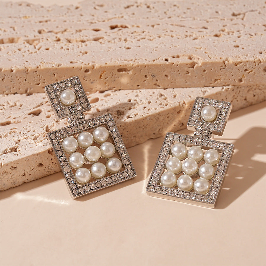 Wholesale Diamond Pearl Hollow Geometric Square Silver Needle Earrings