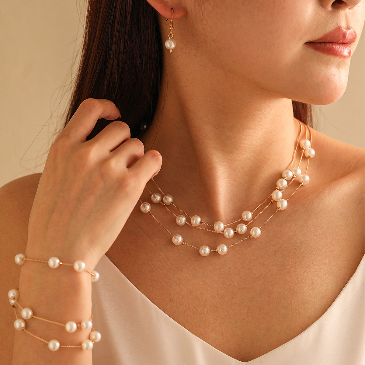 Wholesale Fashion Alloy Pearl 3 Piece Jewelry Set Necklace Earrings Bracelet Party Wear Accessory