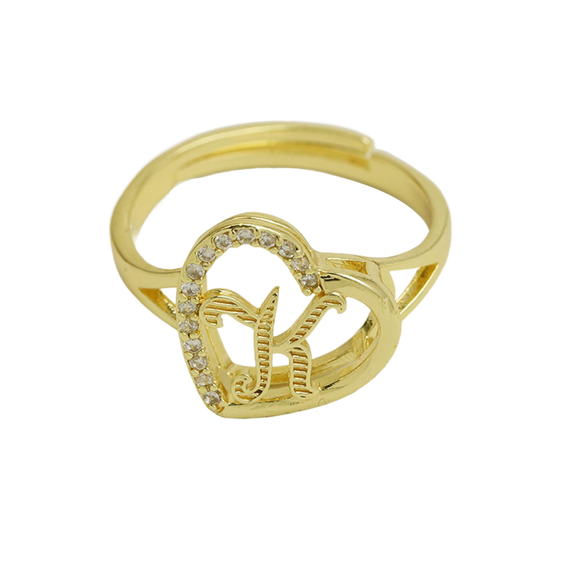 Wholesale  white gold heart-shaped love texture hollow 26 grass English letters open heart ring