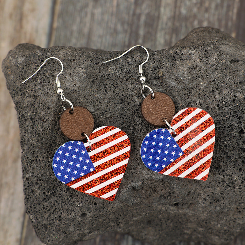 Wholesale Heart Print American Flag Stitching Small Wood Pieces Acrylic Earrings