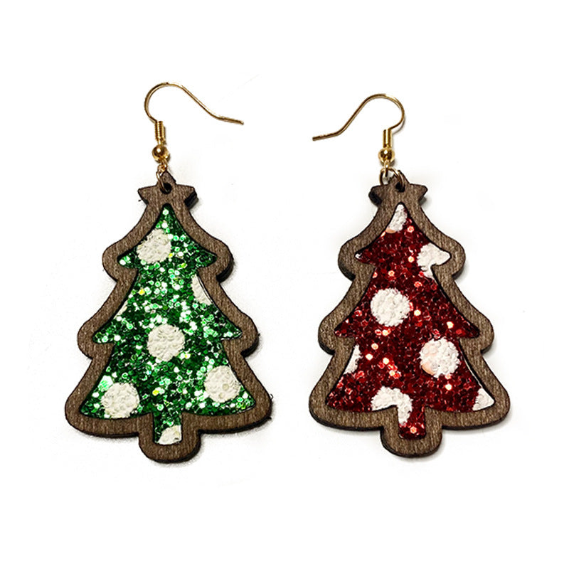Wholesale Christmas flash leather wooden earrings