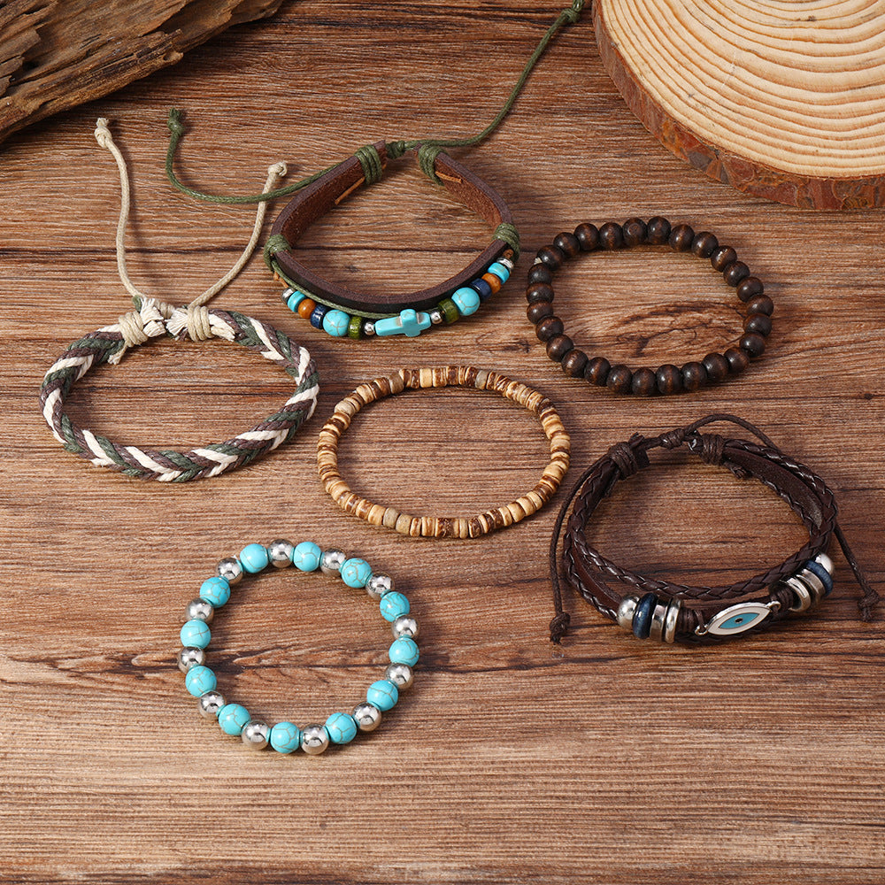 Wholesale Evil Eye Cross Bohemian Beaded Stretch Bracelet Turquoise nut Shell Wood Beads Handmade Unisex Fashion Accessory