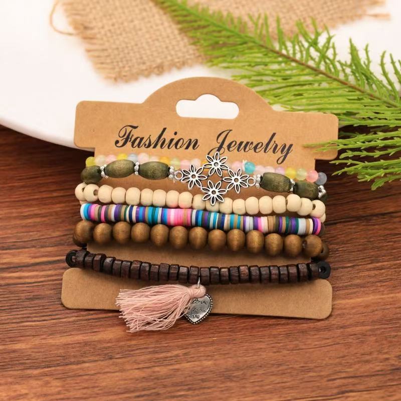 Wholesale Bohemian  Shell Wood Beads Beaded Soft y Pearl Stone Leather Bracelet