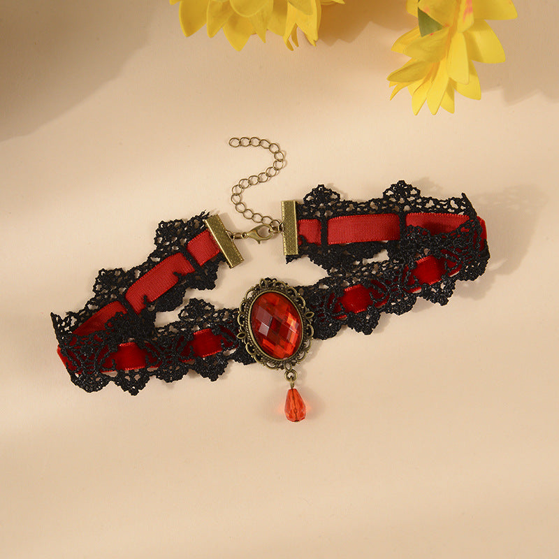 Wholesale retro black lace velvet diamond necklace