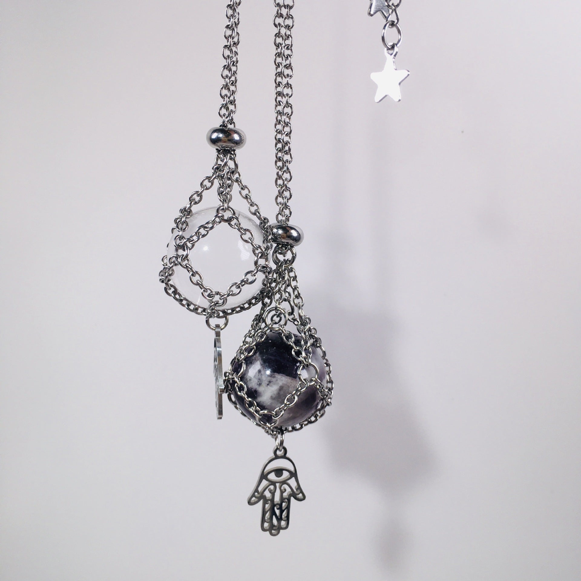 Wholesale Fatima Palm Replaceable Crystal Natural Stone Adjustable Metal Mesh Pocket Necklace ACC-NE-RongGuan004