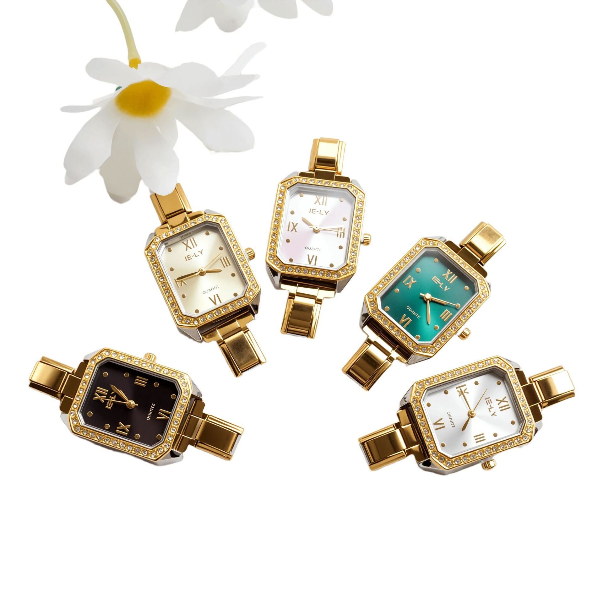 Wholesale quartz gold-rimmed diamond-encrusted watch.