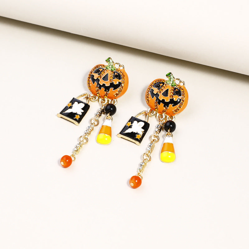 Wholesale Halloween drop oil Diamond pumpkin head ghost pendant earrings