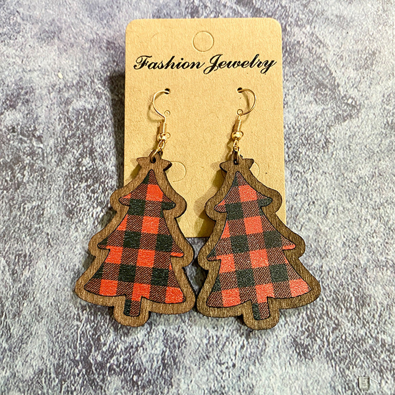 Wholesale Christmas Black and Red Plaid Christmas Tree Wooden Earrings ACC-ES-XinChuan022