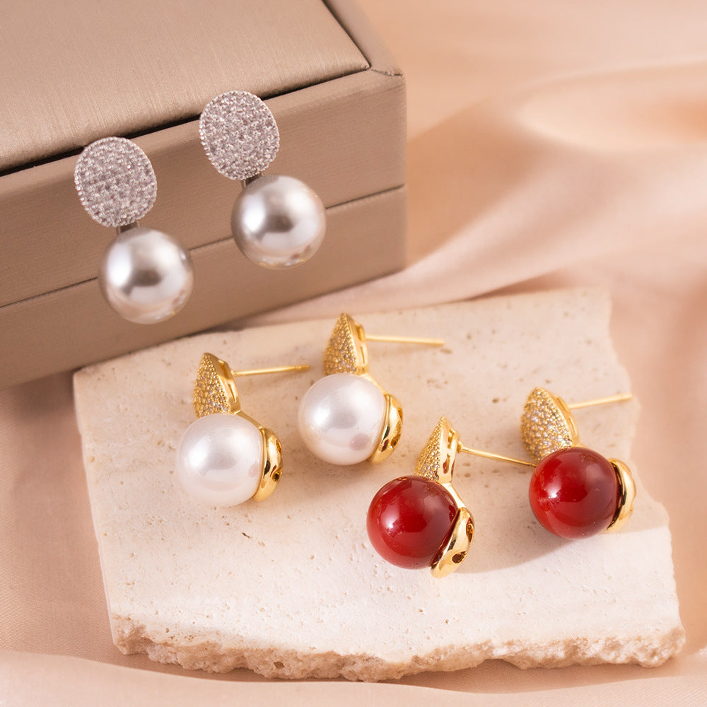 Wholesale Silver Needle Zircon Geometric Pearl Earrings