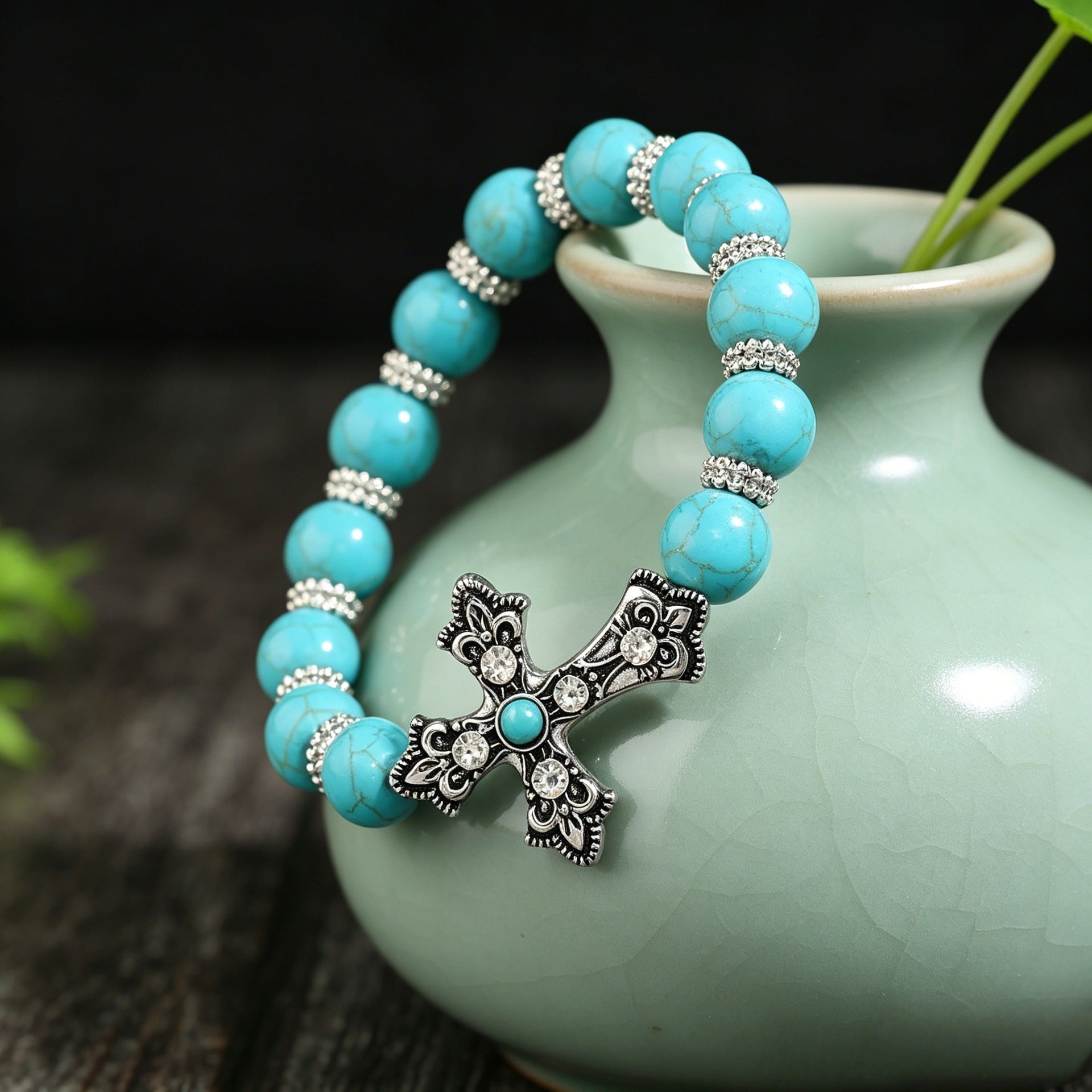 Wholesale Retro Carved Cross Blue Turquoise Bracelet Women Western Cowboy Style Alloy Jewelry Accessory