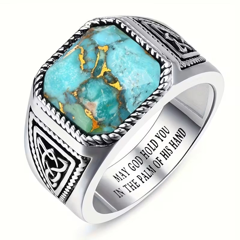 Wholesale Geometric Blue Zircon Ring with Vintage Texture for Casual Streetwear Jewelry Accessory